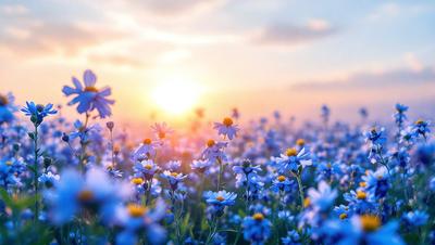 The primary subject of the image is a field of flowers, predominantly blue and yellow, with a few white flowers. The setting is a sunny day, and the visual style is a photo. The colors and mood of the image are bright, cheerful, and serene, with the sunlight illuminating the flowers and creating a beautiful, natural atmosphere.