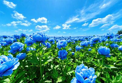 The primary subject of the image is a field of blue flowers, with a blue sky serving as the backdrop. The visual style of the image is a photo, capturing the beauty of the flowers in their natural environment. The colors and mood of the image are predominantly blue, creating a serene and calming atmosphere.