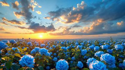 The primary subject of the image is a field of blue flowers, with a sunset in the background. The setting is a beautiful, cloudy sky, and the visual style is a photo of the field. The colors and mood of the image are serene and peaceful, with the blue flowers and the warm hues of the sunset creating a calming atmosphere.
