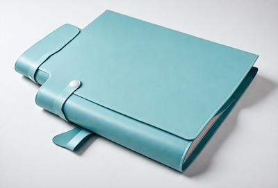 The primary subject of the image is a blue leather notebook. The setting is a white surface, which provides a clean and uncluttered backdrop for the notebook. The visual style is a close-up of the notebook, showcasing its details and texture. The colors and mood of the image are predominantly blue, giving it a calm and professional appearance.