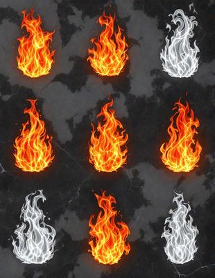 The image features a collection of six fire-like flames, each with varying colors and sizes. The flames are arranged in a pattern, with some overlapping and others standing alone. The primary subject of the image is the fire-like flames, which create a dynamic and visually striking scene. The setting is a black background, which contrasts with the vibrant colors of the flames, adding depth and intensity to the image. The visual style is a combination of digital art and illustration, with the flames appearing