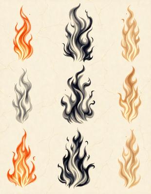 The image features a collection of six different fire designs, each with varying colors and patterns. The fire designs are displayed on a white background, creating a clean and contrasting appearance. The fire designs are likely digital art or illustrations, as they showcase a variety of styles and colors. The overall atmosphere of the image is dynamic and visually appealing, with the fire designs capturing the viewer's attention.