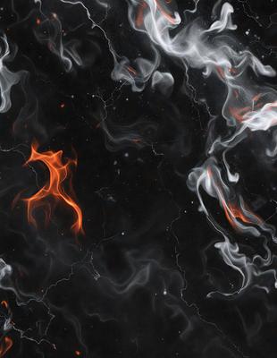 The primary subject of the image is a black and orange swirling pattern, which appears to be a digital art or illustration. The setting is a black background, and the visual style is a combination of digital art and illustration. The dominant colors are black and orange, creating a bold and striking atmosphere.