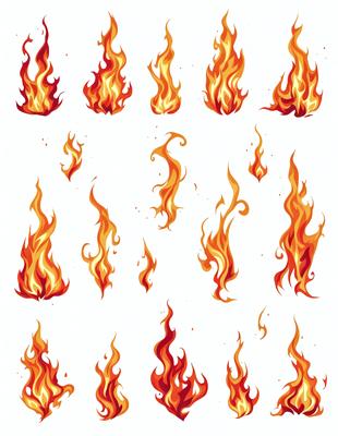 The image features a collection of orange flames, each with varying shapes and sizes. The flames are arranged in a pattern, creating a visually striking scene. The primary subject is the fire, which is the main focus of the image. The setting is a white background, which provides a clean and uncluttered environment for the flames to stand out. The visual style is a combination of digital art and illustration, as the flames are depicted in a detailed and artistic manner. The colors and mood of the image