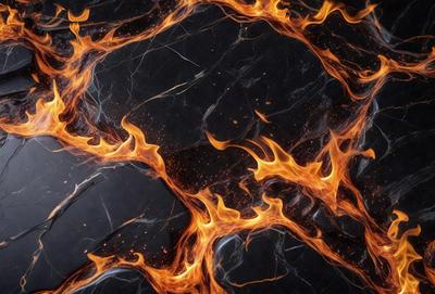 The primary subject of the image is a black stone with a fire pattern on it. The setting is a black background, and the visual style appears to be a photo. The dominant colors are black and orange, creating a dramatic and intense atmosphere.