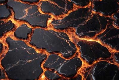 The primary subject of the image is a close-up of a black and orange marbled surface, possibly a piece of art or a decorative item. The setting appears to be a dark room, with the marbled surface being the main focus of the image. The visual style is a combination of a photo and digital art, creating a unique and intriguing appearance. The dominant colors in the image are black and orange, giving the scene a bold and striking appearance.