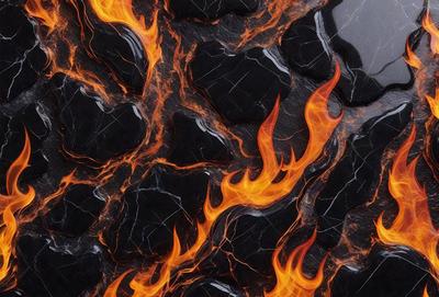 The primary subject of the image is a black and orange fire pattern, which appears to be a digital art or illustration. The setting is a black background, and the visual style is a combination of digital art and a pattern. The dominant colors are black and orange, creating a bold and striking atmosphere.