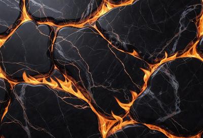 The primary subject of the image is a close-up of a black marble countertop with a pattern of orange flames. The setting is a kitchen, and the visual style is a photo. The dominant colors are black and orange, creating a bold and striking atmosphere.