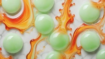 The primary subject of the image is a group of green and orange glass balls. The setting is a white marble surface, which serves as the background. The visual style is a combination of photo and digital art, creating a unique and eye-catching pattern. The dominant colors are green and orange, giving the scene a vibrant and lively atmosphere.