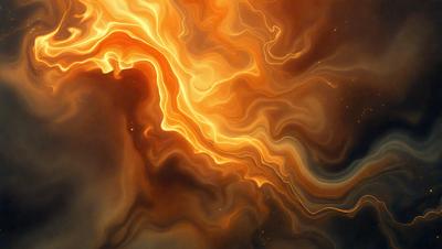The primary subject of the image is a vibrant, colorful, and swirling pattern of orange and yellow hues. The setting is a dark background, which contrasts with the bright colors of the pattern. The visual style appears to be a combination of digital art and illustration, creating a dynamic and eye-catching scene. The dominant colors and overall atmosphere of the image are energetic, lively, and full of warmth.