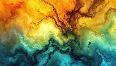 The primary subject of the image is a vibrant, colorful painting featuring a mix of yellow, blue, and green hues. The painting is set against a backdrop of a blue sky, creating a sense of depth and dimension. The visual style of the painting is a combination of digital art and illustration, with a focus on intricate patterns and textures. The overall atmosphere of the painting is lively and energetic, with the bold colors and dynamic brushstrokes evoking a sense of movement and creativity
