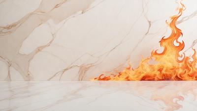 The primary subject of the image is a fire, which is depicted as a flaming orange line or a fire-like shape. The setting is a white marble surface, which serves as the backdrop for the fire. The visual style of the image is a combination of digital art and illustration, creating a striking and unique visual effect. The colors and mood of the image are predominantly orange and warm, evoking a sense of warmth and intensity.
