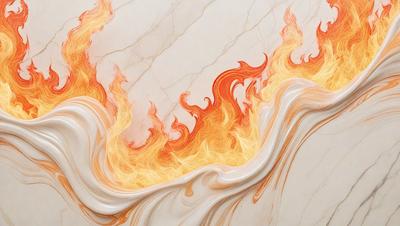 The primary subject of the image is a fire, which is depicted as a flame or a wave of fire. The fire is located in the center of the image, and it appears to be burning brightly. The setting is a white marble surface, which serves as the backdrop for the fire. The visual style of the image is a combination of digital art and illustration, creating a dynamic and captivating scene. The dominant colors in the image are orange and white, which contribute to the overall atmosphere of the fire.