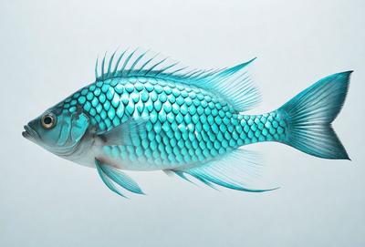 The primary subject of the image is a large, blue, iridescent fish with a long tail. The fish is prominently displayed in the foreground, with its body and tail extending across the entire image. The setting is a white background, which provides a clean and uncluttered environment for the fish to stand out. The visual style of the image is a close-up, which emphasizes the fish's unique and striking appearance. The colors and mood of the image are predominantly blue, which adds a sense