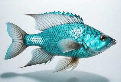 The primary subject of the image is a large, blue, metallic fish with a long tail. The fish is prominently displayed in the foreground, occupying a significant portion of the image. The setting appears to be a white background, which provides a clean and uncluttered environment for the fish to stand out. The visual style of the image is a combination of photo and digital art, creating a unique and eye-catching representation of the fish. The dominant colors in the image are blue and white, giving the fish