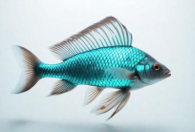 The primary subject of the image is a large, blue, and white fish with long fins. The fish is swimming in a white background, which creates a clean and minimalist visual style. The colors and mood of the image are predominantly blue and white, giving it a calm and serene atmosphere.