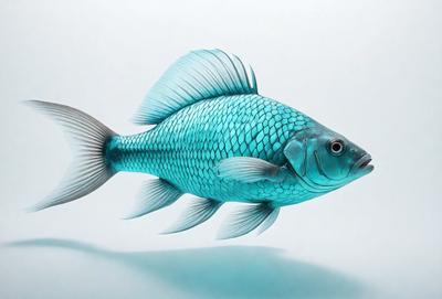 The primary subject of the image is a large, blue, and white fish. The fish is swimming in a blue water environment, which creates a serene and calming atmosphere. The visual style of the image is a combination of photo and digital art, as it appears to be a realistic representation of the fish in motion. The colors and mood of the image are predominantly blue, which adds to the overall tranquility of the scene.