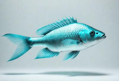 The primary subject of the image is a blue fish, possibly a blue and white clownfish, with a long tail. The fish is swimming in a white background, which creates a contrast with the vibrant blue color of the fish. The visual style of the image appears to be a digital art or illustration, as the fish is depicted in a detailed and realistic manner. The overall atmosphere of the image is calm and serene, with the fish gracefully swimming in the water.