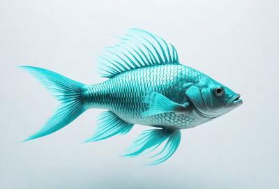 The primary subject of the image is a blue fish with a long tail, swimming in a blue ocean. The fish appears to be a large, colorful, and possibly a mermaid-like creature. The setting is a blue ocean, and the visual style is a combination of photo and digital art. The colors and mood of the image are predominantly blue, creating a serene and calming atmosphere.