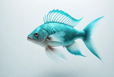 The primary subject of the image is a blue and white fish, which is the main focus of the scene. The fish is swimming in a white background, giving it a clean and minimalist appearance. The visual style of the image is a combination of photo and digital art, as it appears to be a realistic representation of the fish, but with a touch of digital manipulation to enhance its colors and details. The dominant colors in the image are blue and white, creating a calm and serene atmosphere.