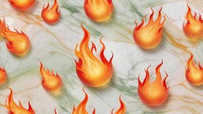 The primary subject of the image is a series of orange flames or fireballs, which are the main objects in the scene. The setting is a marble surface, which serves as the backdrop for the fireballs. The visual style of the image is a combination of digital art and illustration, creating a dynamic and engaging atmosphere. The dominant colors in the image are orange and yellow, which contribute to the overall mood of the scene.