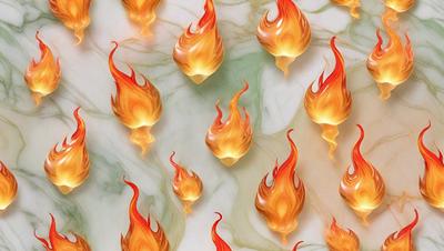The primary subject of the image is a collection of fire-like objects, which are likely digital art or illustrations. These objects are set against a marble or stone background, giving the scene a natural and elegant appearance. The visual style of the image is artistic and creative, with the fire-like objects being the main focus. The colors and mood of the image are warm and inviting, with the fire-like objects emitting a sense of warmth and energy.