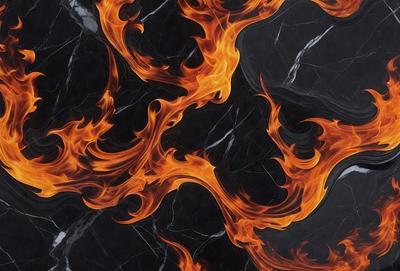The primary subject of the image is a black marble countertop with a pattern of orange flames or fire designs. The setting is a kitchen or a similar environment where the countertop is placed. The visual style is a combination of a photo and digital art, creating a unique and eye-catching design. The dominant colors are orange and black, giving the countertop a warm and bold appearance.