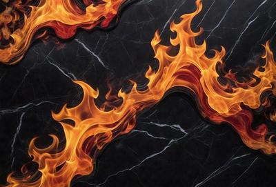 The primary subject of the image is a fire, which is depicted as a flame or a fire-like pattern. The setting is a black marble surface, which serves as the background. The visual style of the image is a combination of a photo and digital art, creating a unique and eye-catching representation of the fire. The colors and mood of the image are predominantly dark and dramatic, with the fire being the main focal point and source of light.