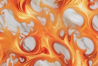 The primary subject of the image is a marble countertop with a unique and intricate design. The setting is a kitchen, and the visual style is a combination of a photo and digital art. The countertop features a vibrant orange and yellow color scheme, creating a warm and inviting atmosphere.