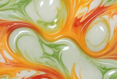 The primary subject of the image is a close-up of a colorful, swirling, and flowing pattern, which appears to be a painting or a digital artwork. The setting is a white surface, possibly a canvas or a wall, that contrasts with the vibrant colors of the pattern. The visual style of the image is a mix of artistic and digital elements, creating a unique and captivating visual experience. The dominant colors in the image are red, green, and orange, which contribute to the lively