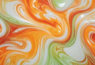 The primary subject of the image is a colorful, swirling pattern on a white surface. The setting appears to be a kitchen, as there is a bowl visible in the background. The visual style of the image is a combination of digital art and illustration, creating a vibrant and dynamic scene. The dominant colors in the image are orange, green, and yellow, which contribute to a lively and cheerful atmosphere.