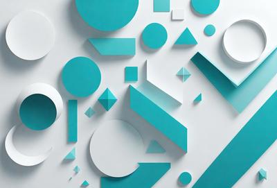 The primary subject of the image is a collection of geometric shapes, including circles, triangles, and squares, arranged in various patterns. The setting is a white background, which provides a clean and minimalist appearance. The visual style is a combination of digital art and illustration, creating a modern and artistic look. The dominant colors are blue and white, which contribute to a calm and soothing atmosphere.