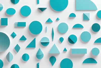 The primary subject of the image is a collection of blue geometric shapes, including circles and triangles, arranged in various patterns. The setting is a white background, which provides a clean and minimalist appearance. The visual style is a combination of digital art and illustration, creating a modern and visually appealing design. The dominant colors are blue and white, giving the image a calm and soothing atmosphere.