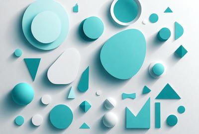 The primary subject of the image is a collection of geometric shapes, including circles, triangles, and squares, all displayed in a blue color scheme. The shapes are arranged in various positions, creating a visually interesting and artistic composition. The setting is a white background, which provides a clean and minimalist appearance to the shapes. The visual style is a combination of digital art and illustration, with the shapes appearing to be both flat and three-dimensional. The overall atmosphere is one of creativity and playfulness, as the shapes are