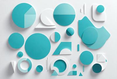 The primary subject of the image is a collection of geometric shapes, including circles, triangles, and squares, all displayed on a white surface. The shapes are arranged in various positions, creating a visually interesting and dynamic composition. The setting appears to be a white wall or table, providing a clean and minimalist backdrop for the shapes. The visual style of the image is a combination of digital art and illustration, with the shapes appearing to be cut out from a larger surface. The dominant colors in the image are blue and white, giving