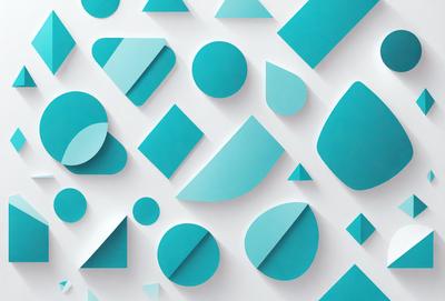 The primary subject of the image is a collection of blue geometric shapes, including triangles and circles, arranged in a visually appealing pattern. The setting is a white wall, which serves as a clean and uncluttered backdrop for the shapes. The visual style is a combination of digital art and illustration, creating a modern and artistic appearance. The dominant colors are blue and white, giving the image a calm and soothing atmosphere.