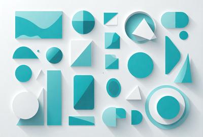 The primary subject of the image is a collection of geometric shapes, including triangles, circles, and squares, displayed on a white surface. The shapes are arranged in various orientations and sizes, creating a visually interesting and dynamic composition. The setting appears to be a white wall or a similar background, which provides a clean and minimalist backdrop for the shapes. The visual style of the image is a combination of digital art and illustration, as the shapes are carefully crafted and arranged to create a cohesive and engaging design.