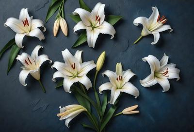 The primary subject of the image is a bouquet of white flowers, including lilies, arranged in a vase. The flowers are placed on a blue surface, which serves as the setting or background. The visual style of the image is a close-up of the flowers, showcasing their details and beauty. The dominant colors in the image are white and blue, creating a serene and calming atmosphere.