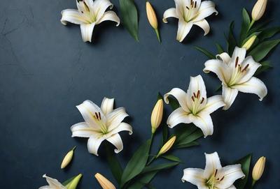 The primary subject of the image is a bouquet of white flowers, predominantly lilies, arranged in a visually appealing manner. The flowers are placed on a blue surface, which adds a contrasting color to the scene. The visual style of the image is a combination of photo and digital art, creating a realistic yet artistic representation of the flowers. The colors and mood of the image are predominantly white and serene, evoking a sense of calmness and beauty.