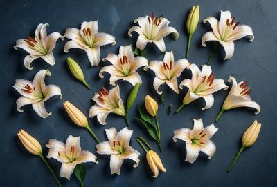The primary subject of the image is a bouquet of white flowers, including lilies and other white flowers. The flowers are arranged in a visually appealing manner, creating a sense of beauty and elegance. The setting is a blue surface, which serves as a striking contrast to the white flowers. The visual style of the image is a close-up of the flowers, allowing the viewer to appreciate the details and textures of the flowers. The colors and mood of the image are predominantly white, giving it a clean