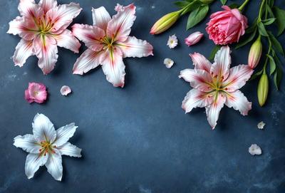 The primary subject of the image is a bouquet of flowers, which are arranged in a visually appealing manner. The flowers are placed on a blue surface, which adds a contrasting color to the scene. The visual style of the image is a photo, capturing the beauty of the flowers in their natural setting. The colors and mood of the image are predominantly pink, creating a warm and inviting atmosphere.