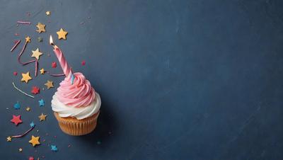 The primary subject of the image is a cupcake with a single candle on it, placed on a blue surface. The setting appears to be a painting or drawing, with a focus on the cupcake and its candle. The visual style suggests a creative and artistic approach to the subject matter. The colors and mood of the image are predominantly blue, giving it a calm and serene atmosphere.