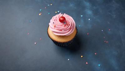 The primary subject of the image is a cupcake with pink frosting and a cherry on top. The cupcake is placed on a table, which serves as the setting. The visual style of the image is a photo, capturing the details of the cupcake and its surroundings. The colors and mood of the image are predominantly pink, creating a warm and inviting atmosphere.