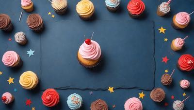 The primary subject of the image is a table with a variety of cupcakes on it. The cupcakes come in different flavors and colors, creating a visually appealing and diverse assortment. The setting is a table with a blue surface, which serves as the backdrop for the cupcakes. The visual style of the image is a close-up of the cupcakes, showcasing their details and textures. The colors and mood of the image are vibrant and cheerful, as the cup