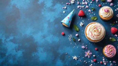 The primary subject of the image is a cupcake with white frosting and sprinkles. The cupcake is placed on a blue surface, which could be a table or a counter. The setting appears to be a casual and fun environment, possibly a party or a gathering. The visual style of the image is a close-up of the cupcake, highlighting its details and making it the main focus of the picture. The colors and mood of the image are bright and cheerful, with the blue surface
