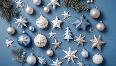 The primary subject of the image is a collection of Christmas ornaments, including stars and snowflakes, displayed on a blue background. The ornaments are made of various materials, such as glass and metal, and are arranged in a visually appealing manner. The overall atmosphere of the image is festive and joyful, as it showcases the beauty and diversity of Christmas decorations.