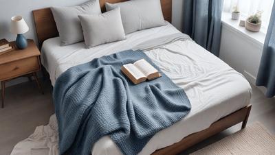 The primary subject of the image is a bed with a book on it. The setting is a bedroom, and the visual style is a photo. The colors and mood of the image are predominantly white, giving it a clean and serene atmosphere.