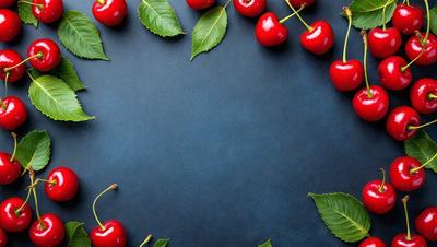 Cherries, blue background, photo, and red cherries.