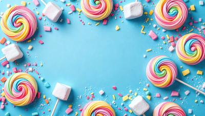 The primary subject of the image is a collection of colorful, rainbow-colored lollipops. These lollipops are arranged in a circular pattern on a blue surface, which serves as the setting or background. The visual style of the image is a combination of photo and digital art, creating a vibrant and lively atmosphere. The dominant colors in the image are the various hues of the lollipops, which contribute to the overall cheerful and playful mood.