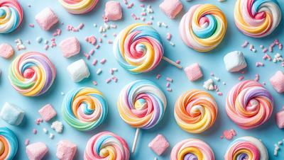 The primary subject of the image is a close-up of a colorful lollipop with a swirl pattern. The lollipop is placed on a blue surface, which serves as the setting. The visual style of the image is a photo, capturing the vibrant colors and details of the lollipop. The dominant colors in the image are pink, blue, yellow, and orange, creating a cheerful and lively atmosphere.